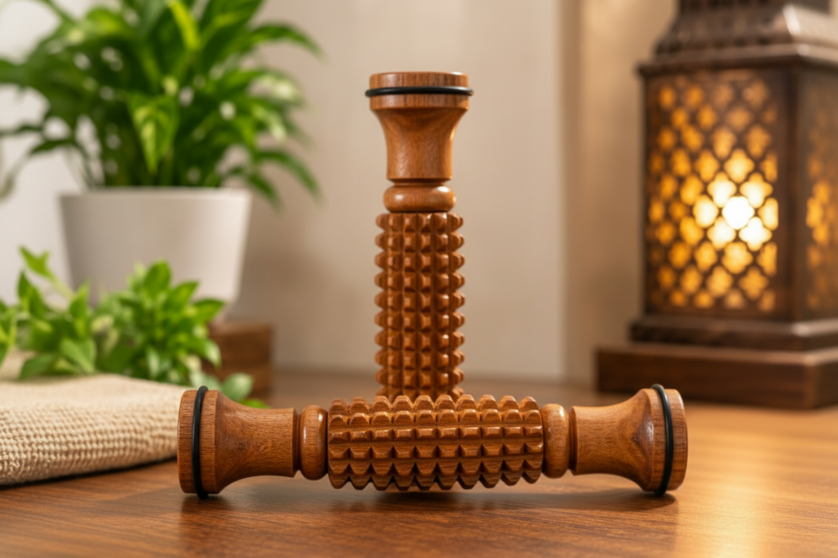 A wooden massage roller with a textured grip, standing on a wooden table. White dimension lines and text overlays show its measurements: 210 mm length, 40 mm width/diameter, and 40 mm height/base diameter.